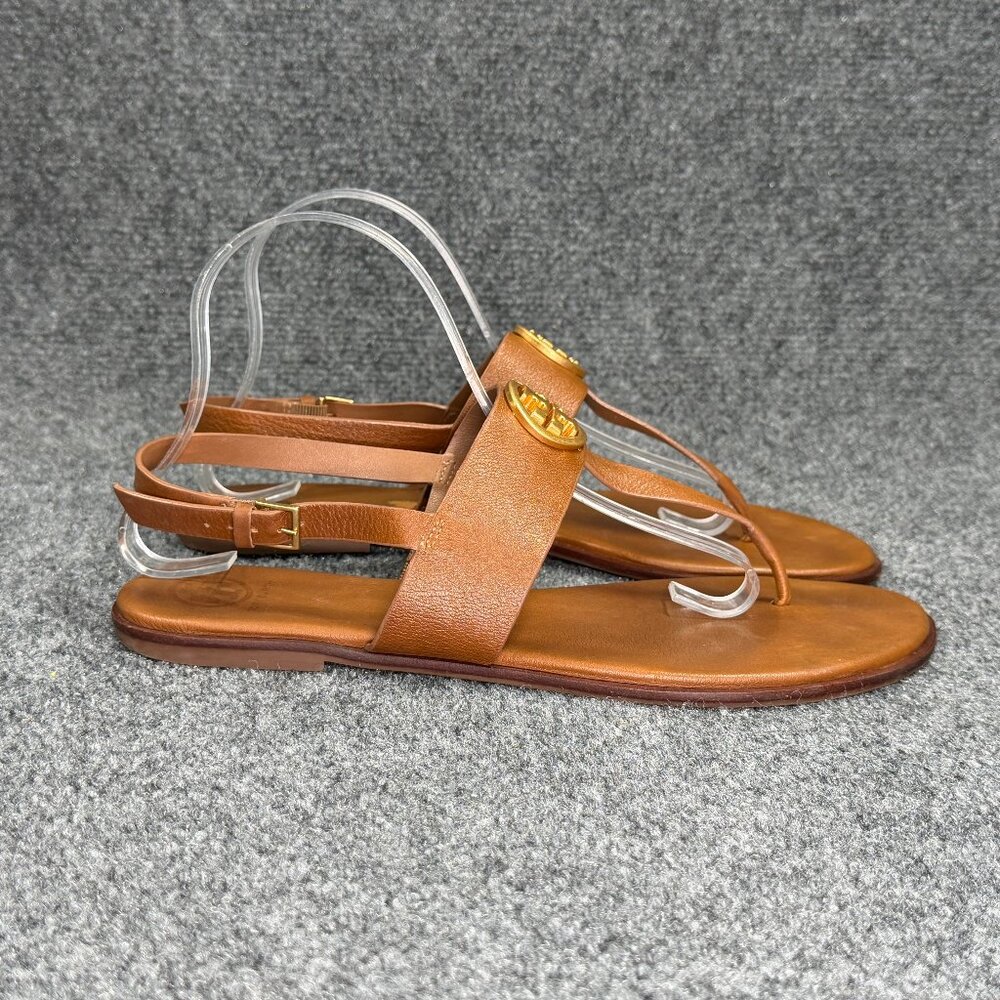 Tory Burch Benton 2 Sandals Womens 11 Brown Leather Thong Ankle Wrap Buckle Flip